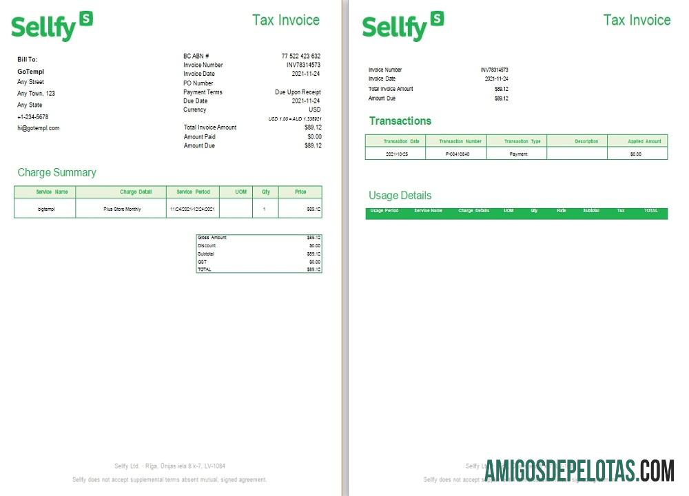 Fatura fiscal Sellfy da Letônia exemplo real